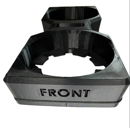 A pair of black 3D-printed cup holders, with the front one labeled 'FRONT' in raised lettering, shown on a plain white background.